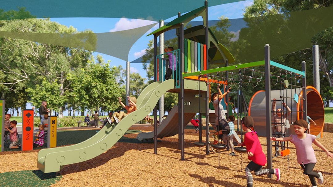 Concept rendering of the new park at Avery's Lane. Child Sliding down slide and other children running and climbing.