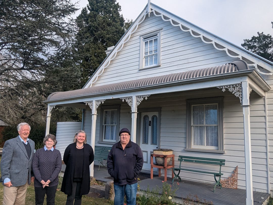 Blue Mountains Heritage Society members outside 1886-built cottage,'Tarella', Wentworth Falls, a key project for 2024 LHAF.