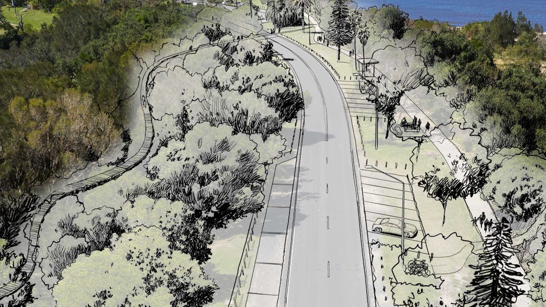 Image from Crawford Park looking towards Geoff Watt Oval, featuring shade trees, wider footpaths and at grade crossing.