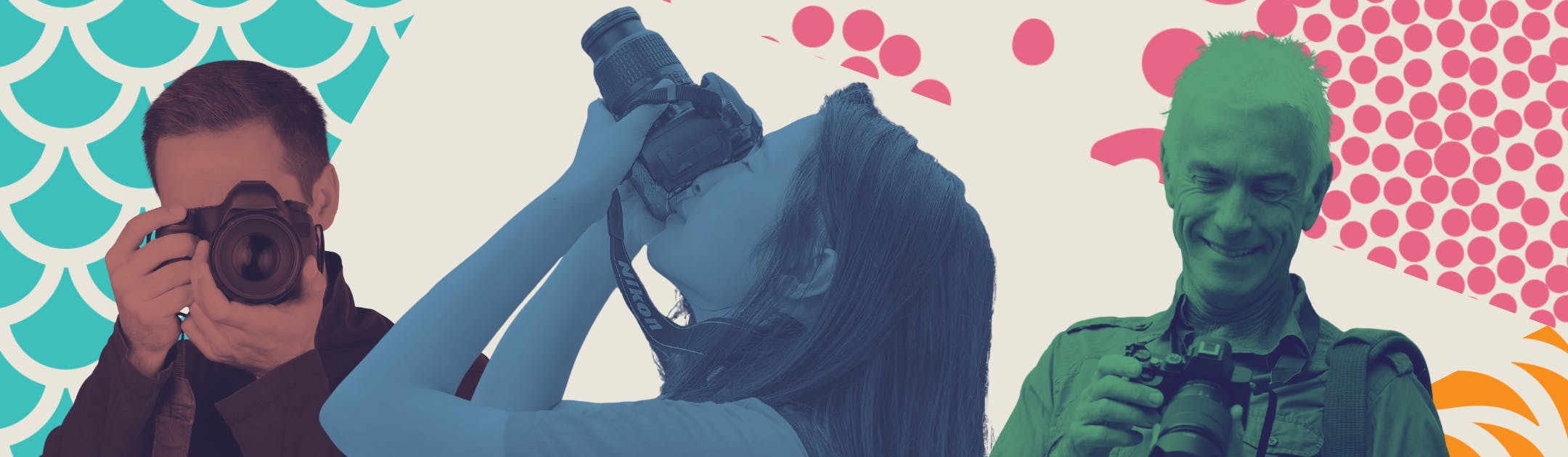 red man blue woman green old man with camera standing taking pictures