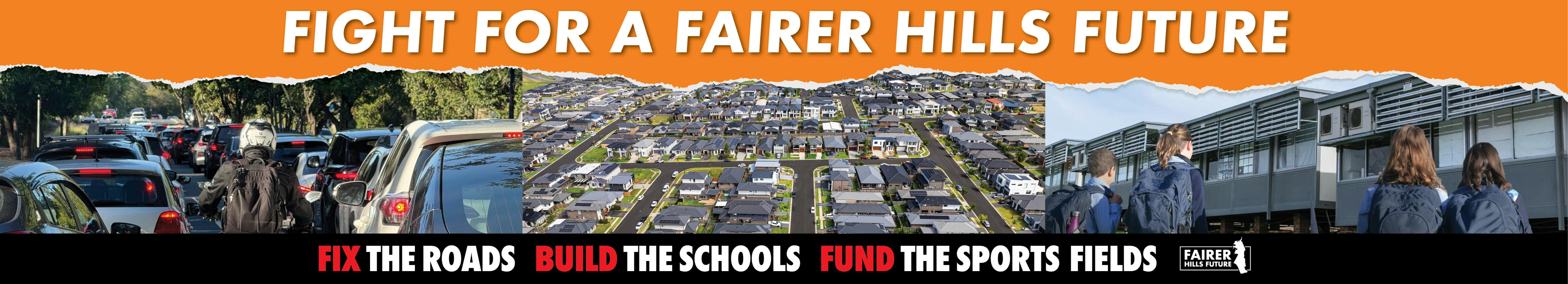 Fight for a fairer hills future banner in white text and orange background with the council, campaign logos and images.