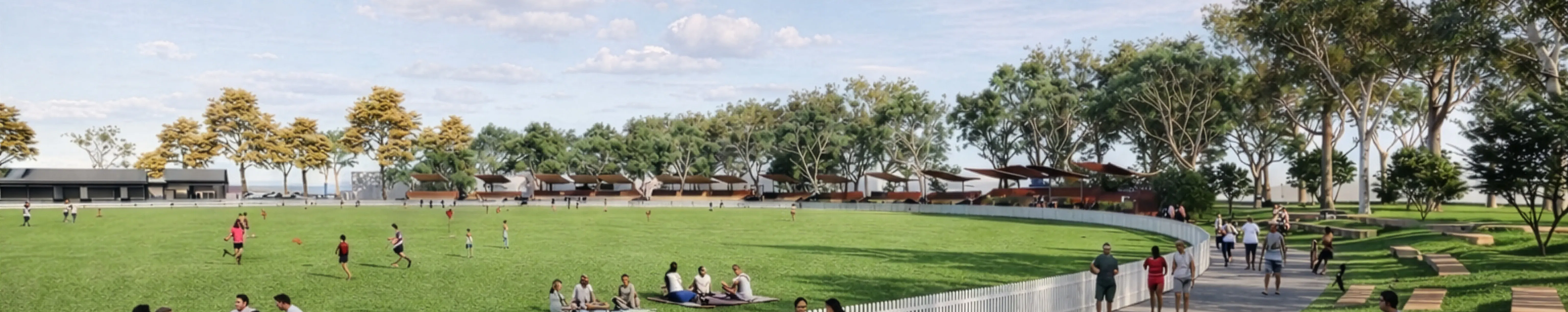 Artist's impression of Castle Hill Showground Arena showing the grass field, spectator seating, trees and greenery.