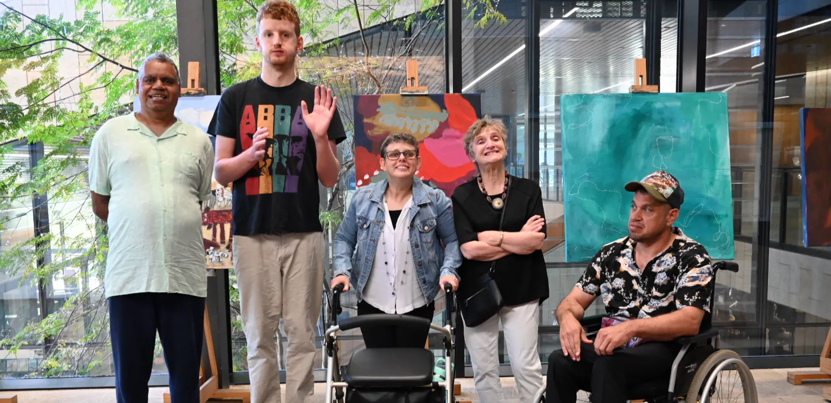 Artists Darryl Dempster, Angus Flavelle, Rebecca Johnston, Jane Ryan and Greg Barr are shown together with their paintings
