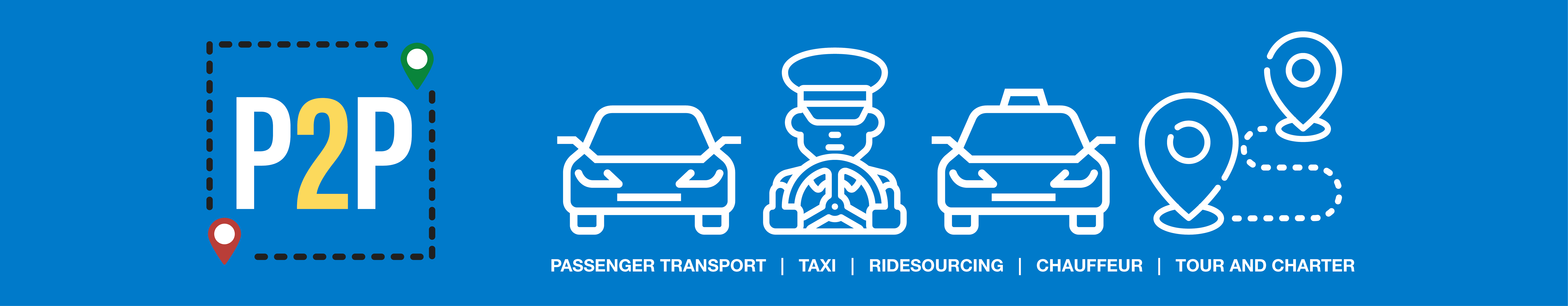 P2P logo with various forms of point to point transport (passenger transport, taxi, ridesourcing, chauffeur, tour, charter)