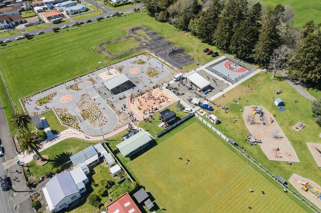 Aerial view of Victoria Park showing Bike Park, croquet club and children's playground