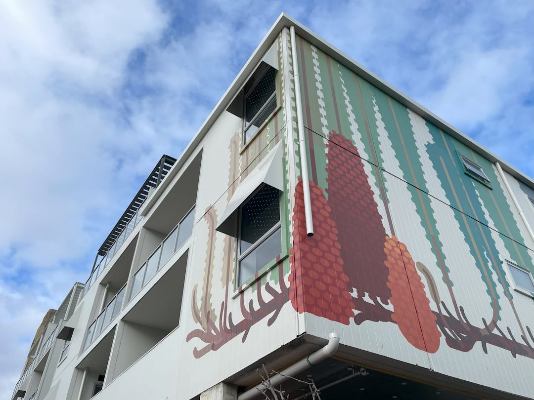 External mural on new aged persons' development in Smith Street, Perth