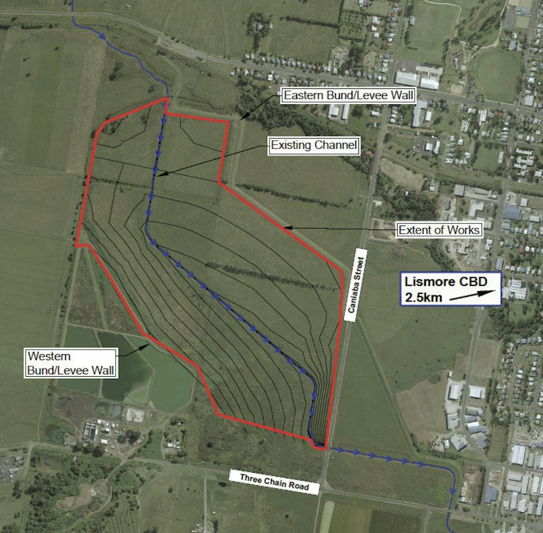This is a aerial photo of South Lismore showing where the flood mitigation works will take place
