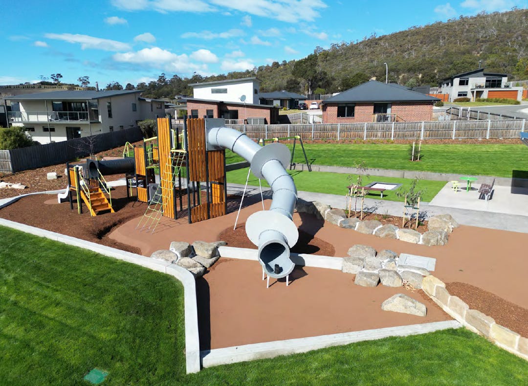 A photo of the new park and play equipment, taken from a drone. 