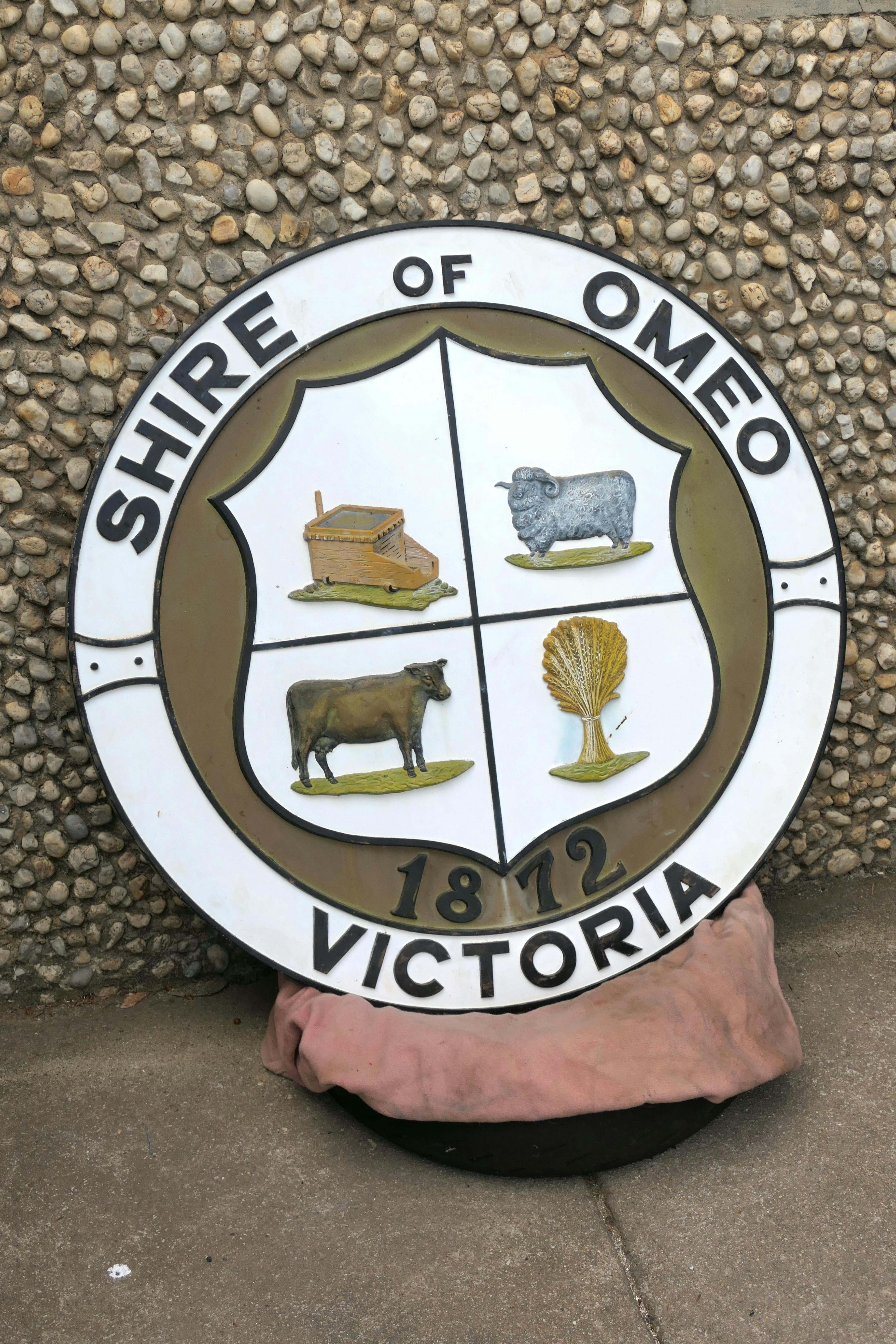Shire of Omeo, shield, outside new courthouse, Omeo, Oct 2022