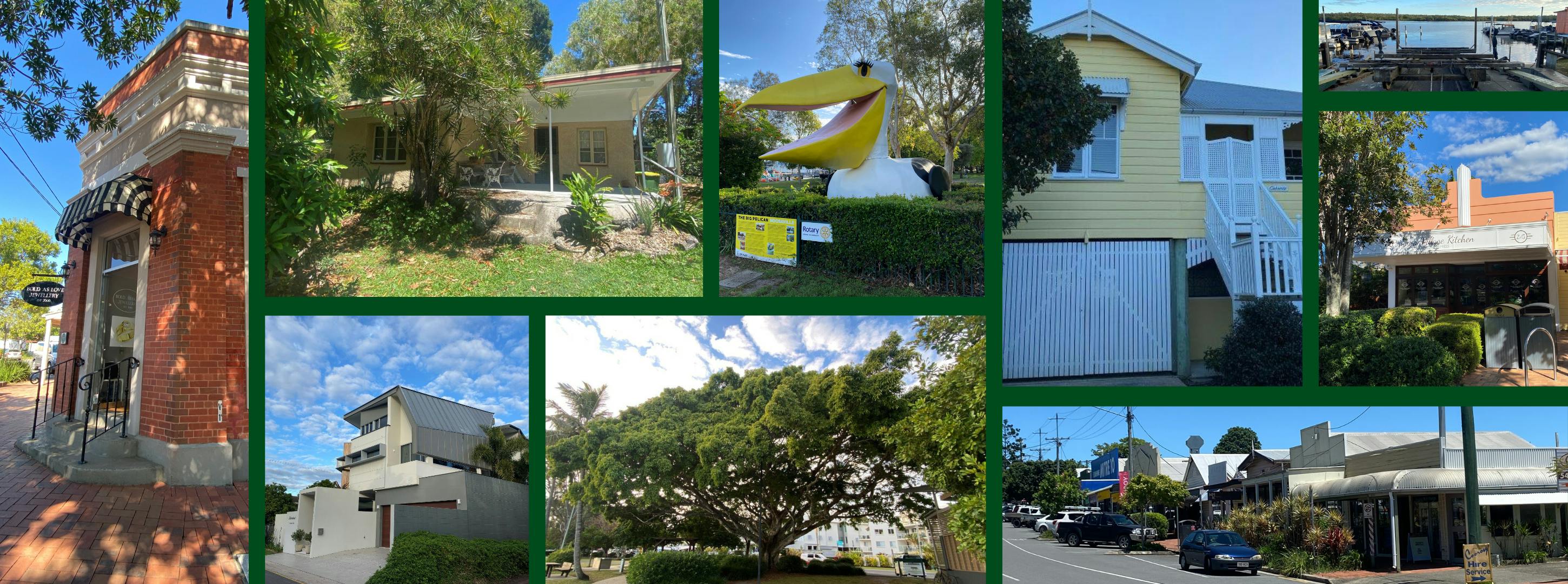 A collage of place images with houses of varied styles, shops, trees, jetties, streets and pelican Pete