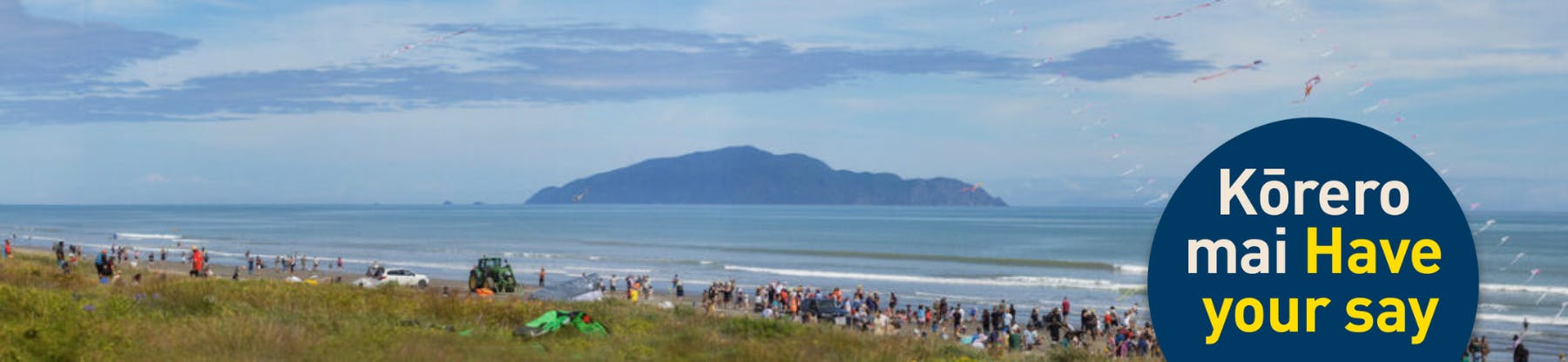Kites flying and people at the Ōtaki Kite Festival at Ōtaki Beach, with Kāpiti Island in the background. 