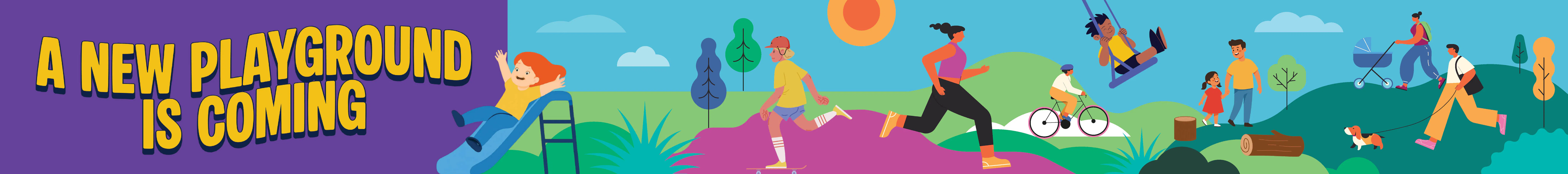 Yellow text on a purple background reading 'A new playground is coming', plus cartoon figures in a parkland setting.
