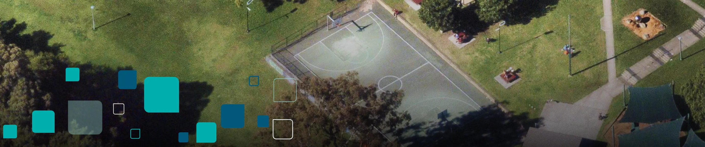 Aerial shot on Hogben Park showing the basketball court.