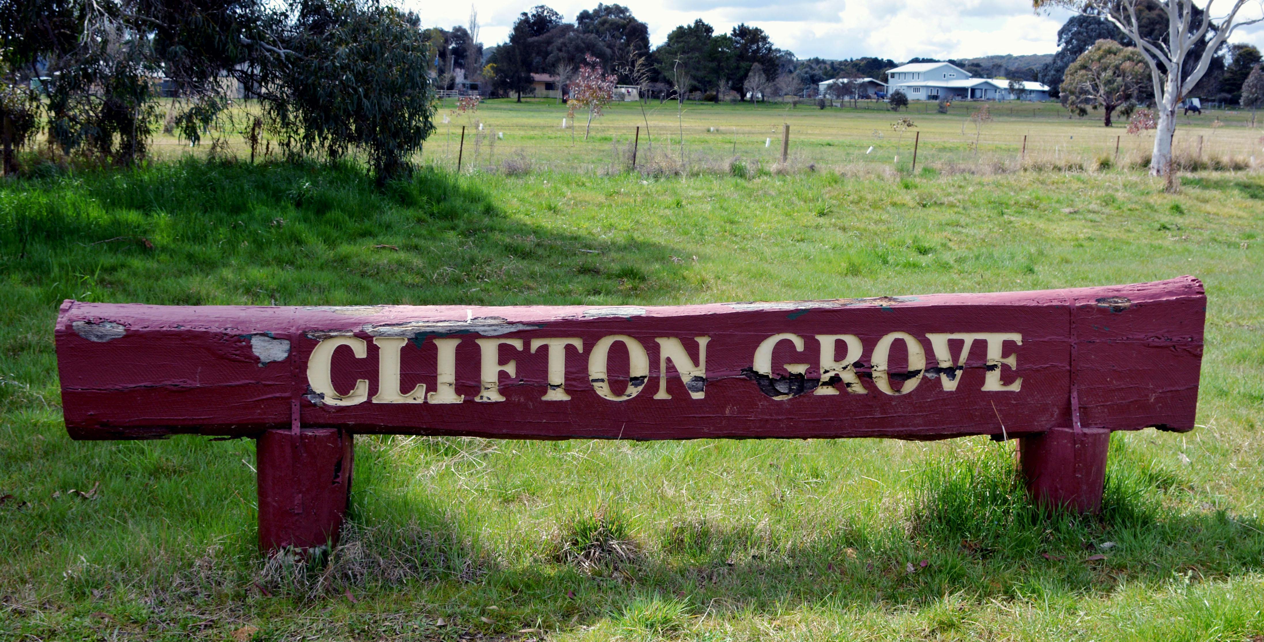 Clifton Grove entrance sign. The Masterplan floats a number of ways to improve the area around the sign, including a pull-in parking area for visitors.