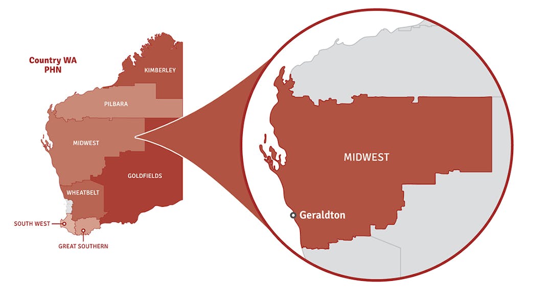 Map of Western Australia showing location of Midwest region in a pop out circle.