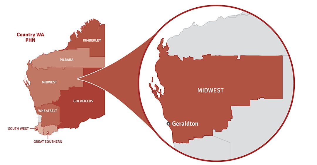 Break out map of Midwest region Map of Western Australia showing location of Midwest region in a pop out circle.