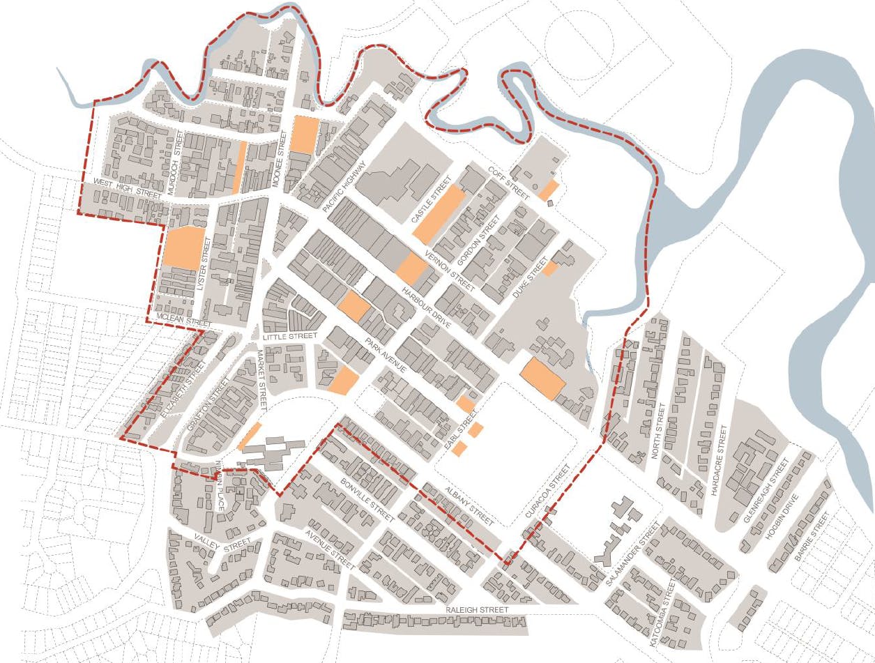 City Centre boundary shown by red dashed line