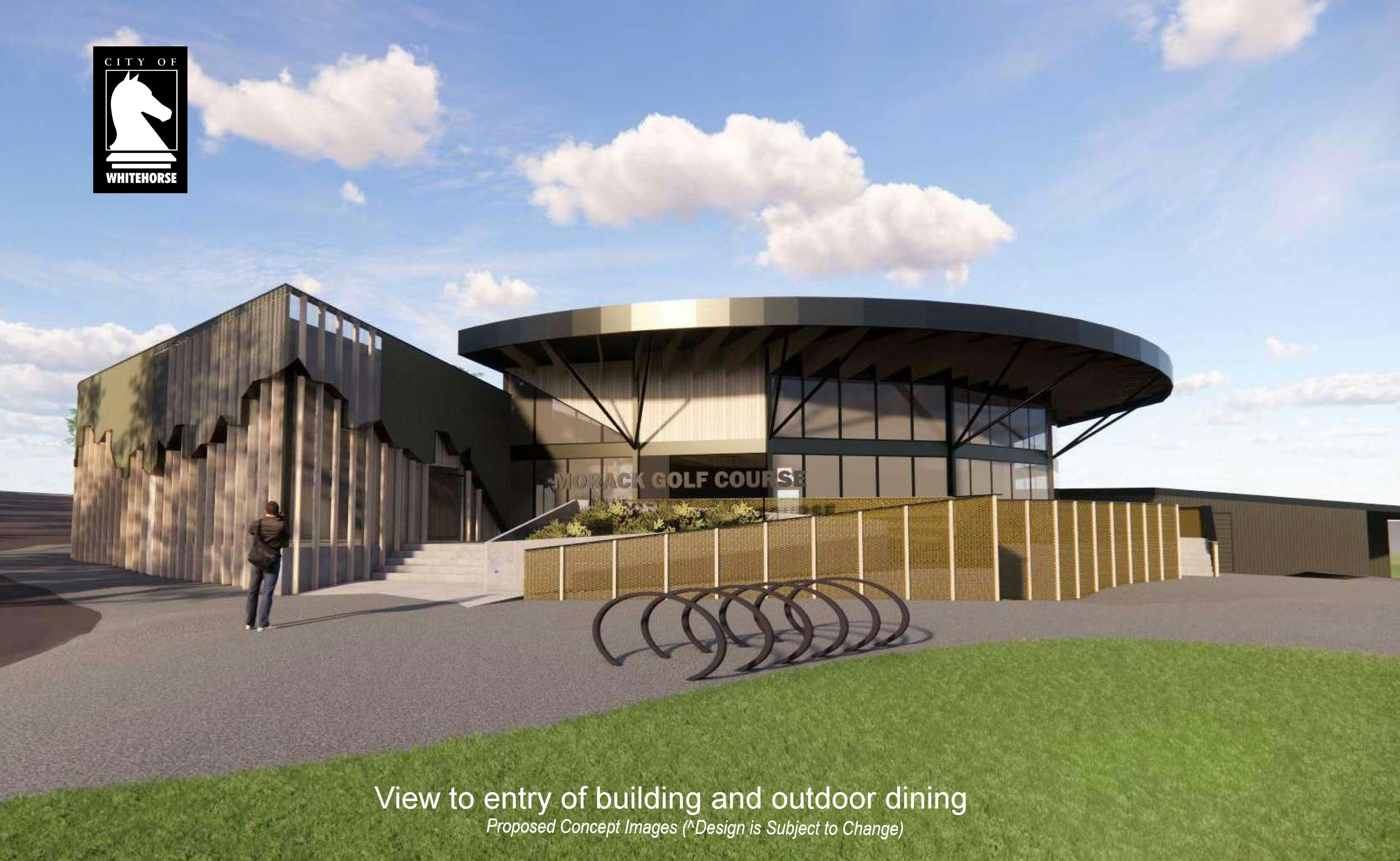 Proposed view to entry of building and outdoor dining 