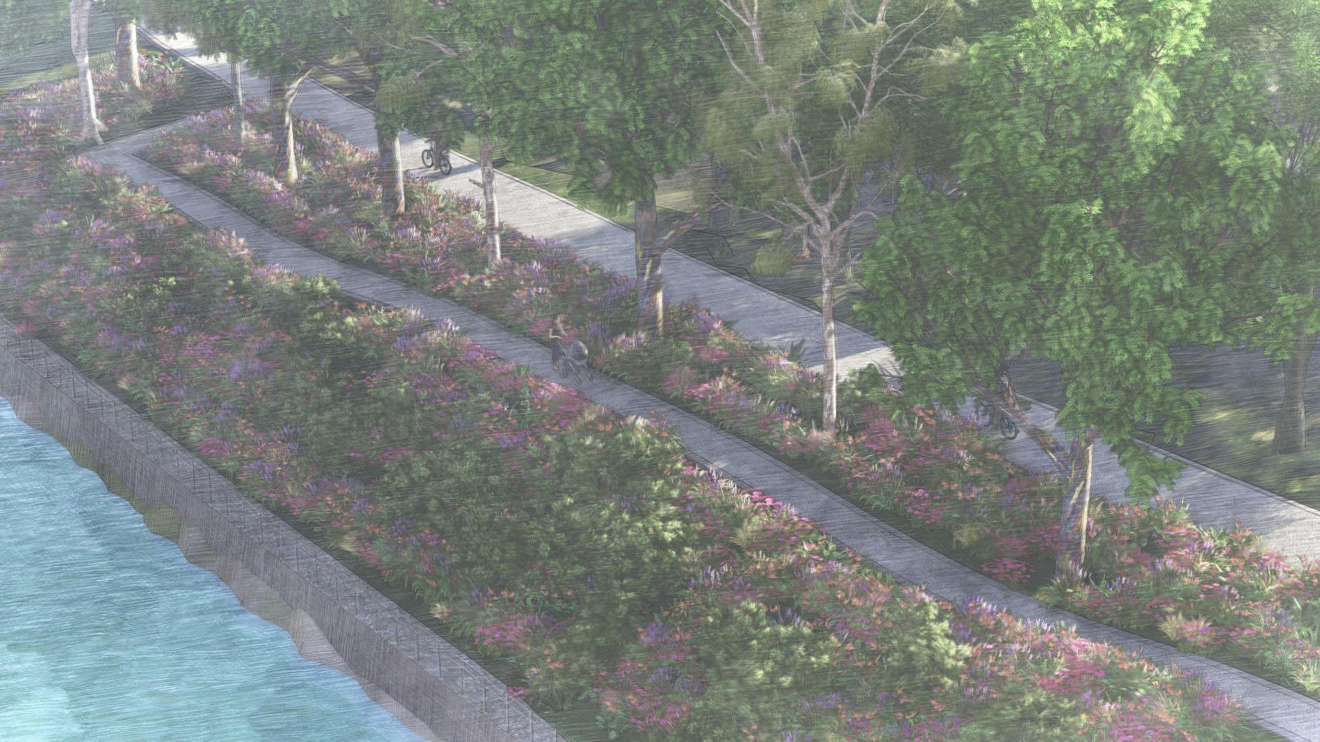 Artist's impression of plantings and paths along the river's edge