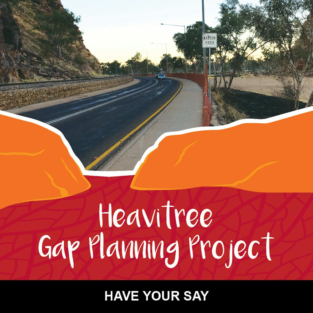 Image of the existing transport infrastructure of Stuart Highway through Heavitree Gap showing road, railway and narrow footpath. 