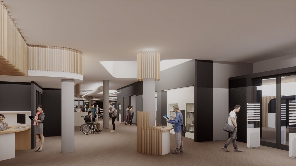 Artist impression of entry with people in foyer area