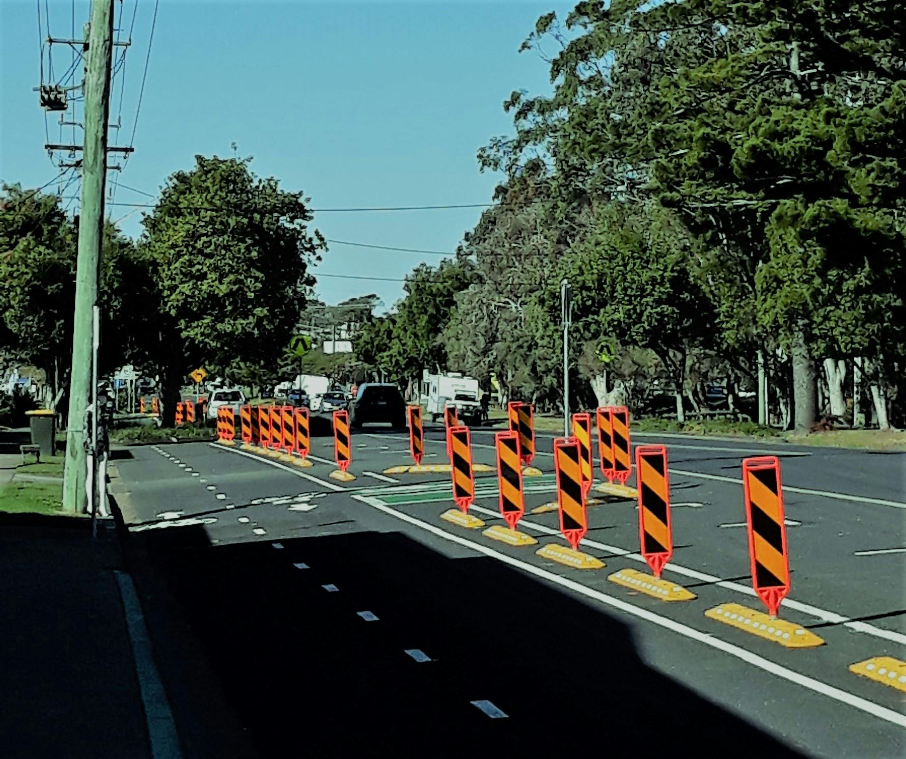 Bike lane on Beach Street showing entry/exit box opposite Scarborough Street intersection