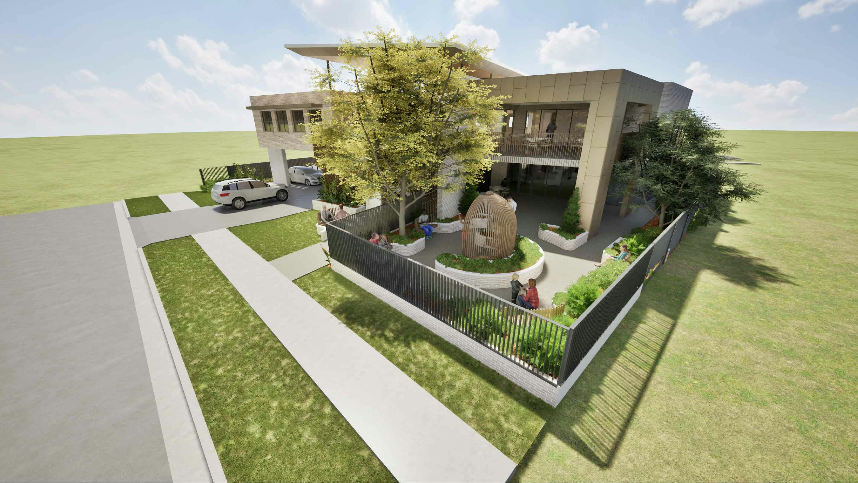  Perspective drawing of Community garden/outdoor space.