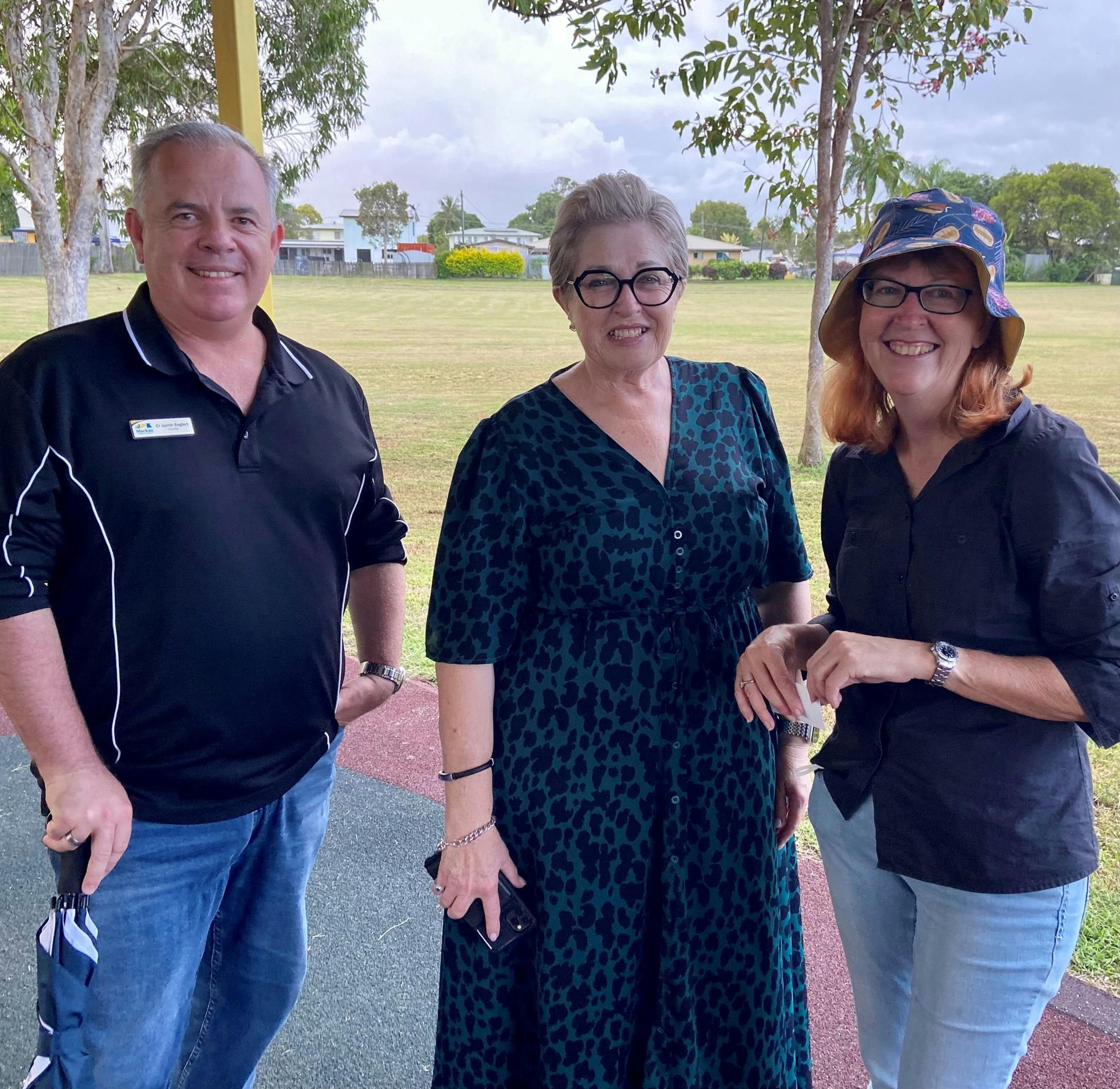 Councillors Justin Englert and Fran Mann attended the Alsatia Park consultation session with council's Principal Parks Planner Tracie Harvison.