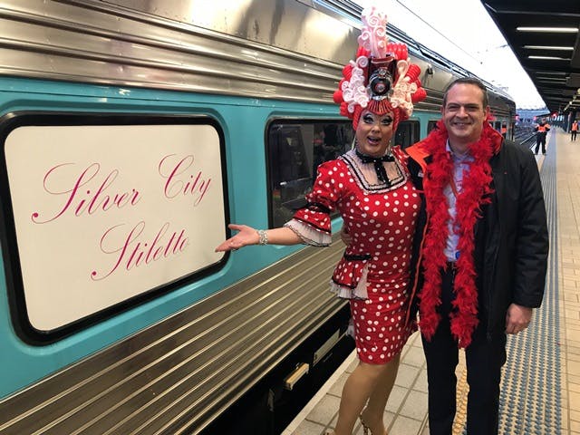 Maude Boate and Pete Allaway (NSW Trains) farewell the Silver City Stiletto