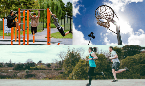 Active play and sports areas. For example: a basketball half court or netball court , perimeter path for jogging or outdoor fitness equipment.
