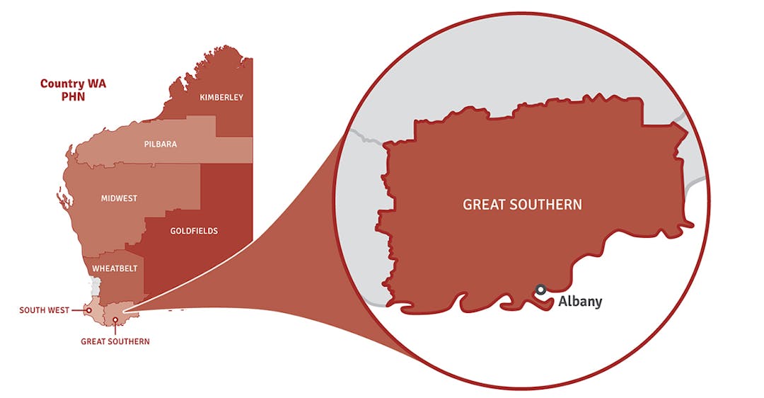 Break out map of Great Southern region Map of Western Australia showing location of Great Southern region in a pop out circle.