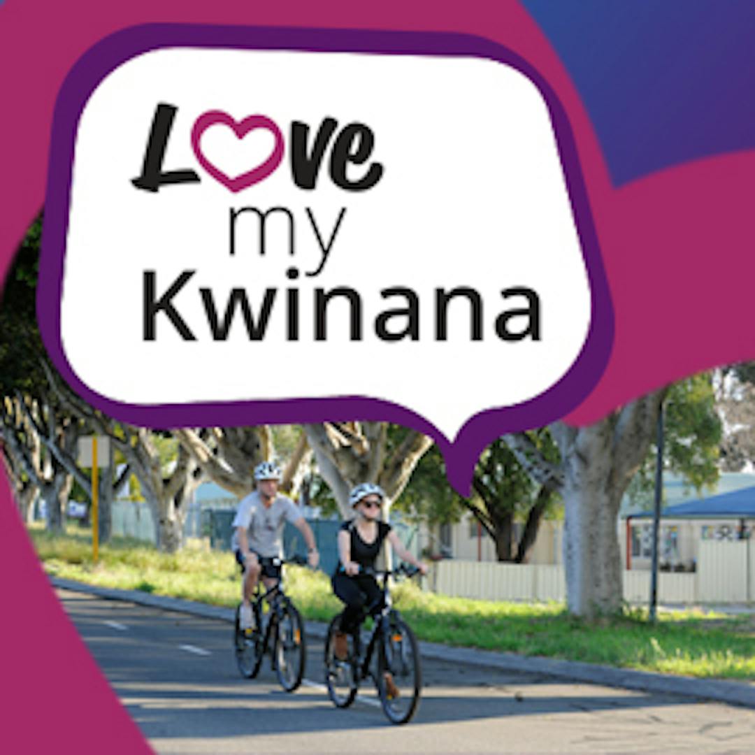 Two people riding bikes in Kwinana with chat bubble 'Love my Kwinana'