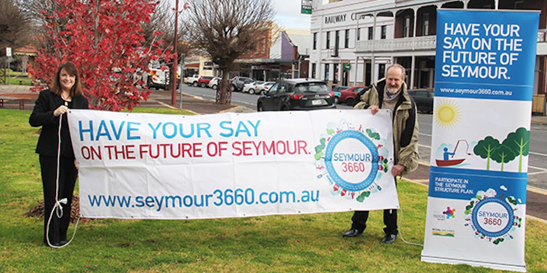 Mayor Cr Rhonda Sanderson with Cr Bill Chisholm launching the draft plan for community input in Seymour.