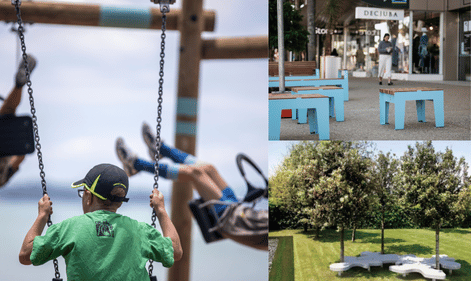 Relaxing and social spaces. For example: variety of seating options, sheltered hangout spots or swings or hammocks.