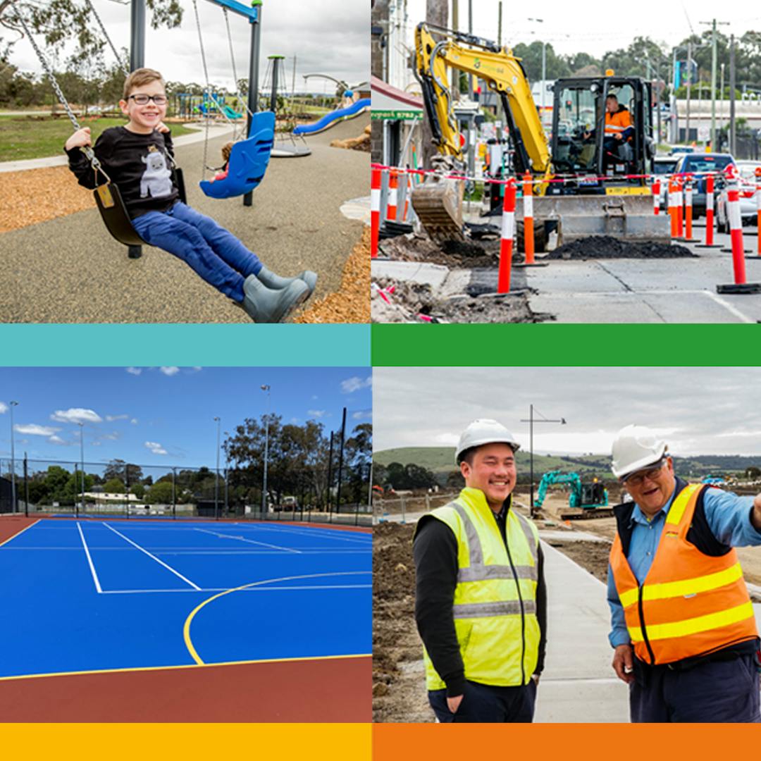 A happy child on a swing, road works in a busy street, a blue tennis and netball court and two people on a construction site