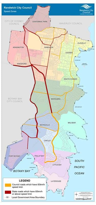 Map showing State and Regional roads aswell as local roads with a speed limit of over 50km/h