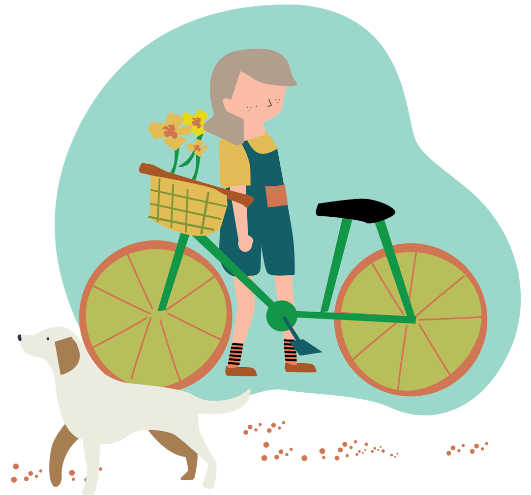 Cartoon illustration of a child standing near a bicycle