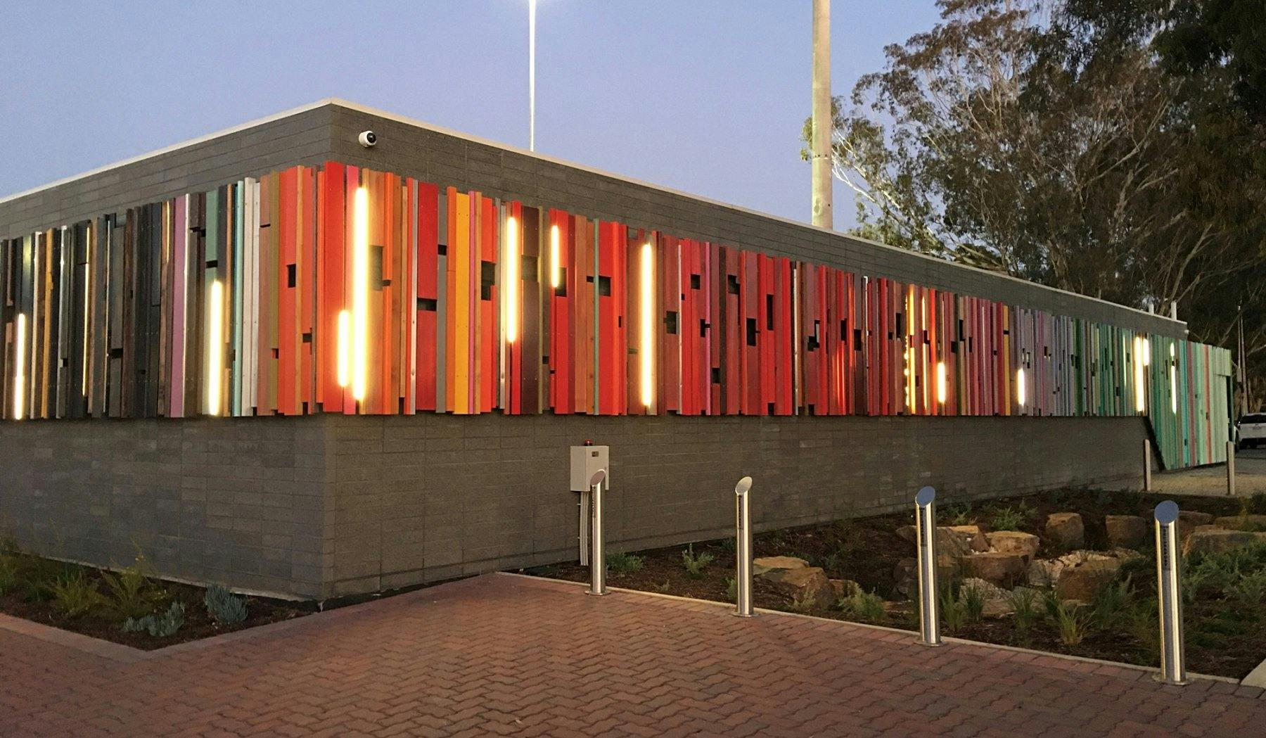 “e.v.a” 2020. Morphettville Sports and Community Centre by Michael Kutschbach. Image credit: Sam Noonan Photography. Commissioned by City of Marion