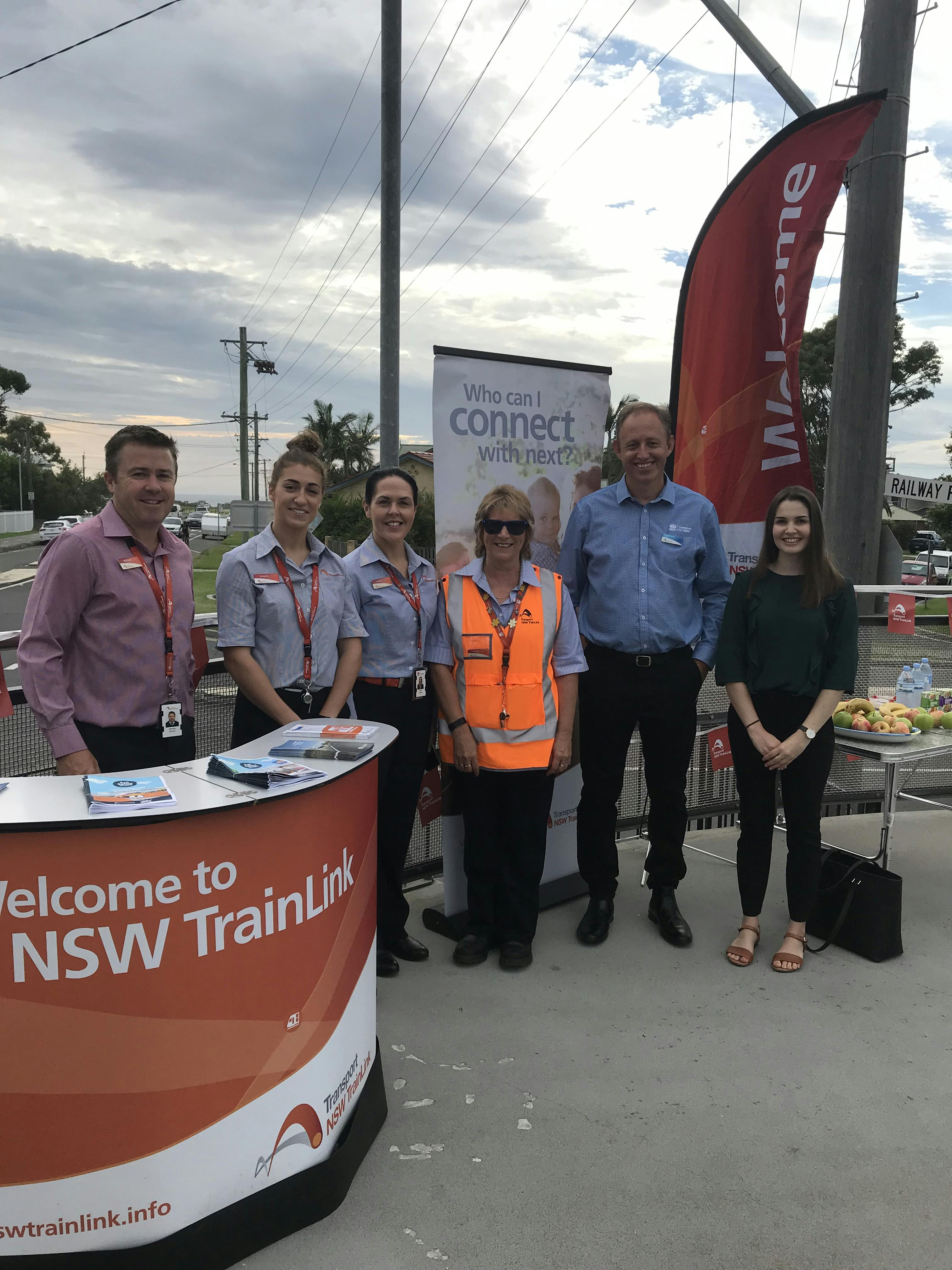 Secretary, Rodd Staples accompanied by TfNSW graduate Charlie Payne at the Woonona Station TrainLink Safety Event  