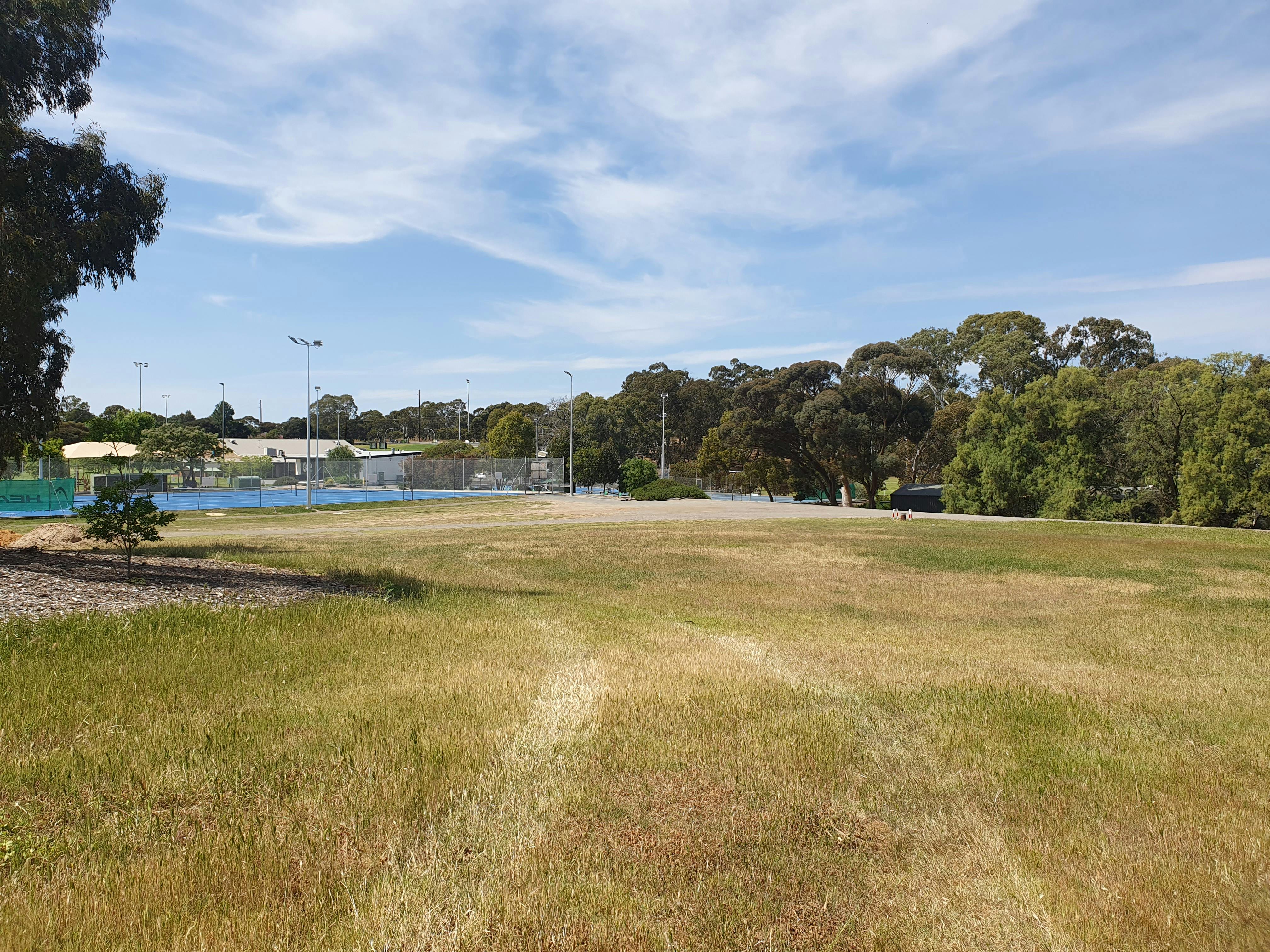 Tilley Recreation Park showing location for proposed new dog park with tennis courts in the background
