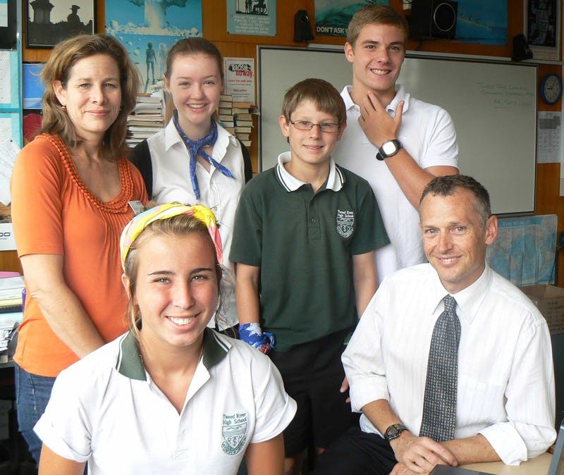 Tweed Shire Council's Youth Development Officer, Sylvia Roylance (back left), and acting Community Engagement Officer Scott Green discuss the Community Strategic Plan with members of the Tweed River High