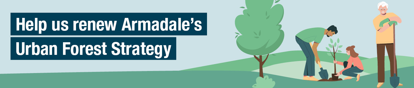 Three people planting trees in a cartoon style banner