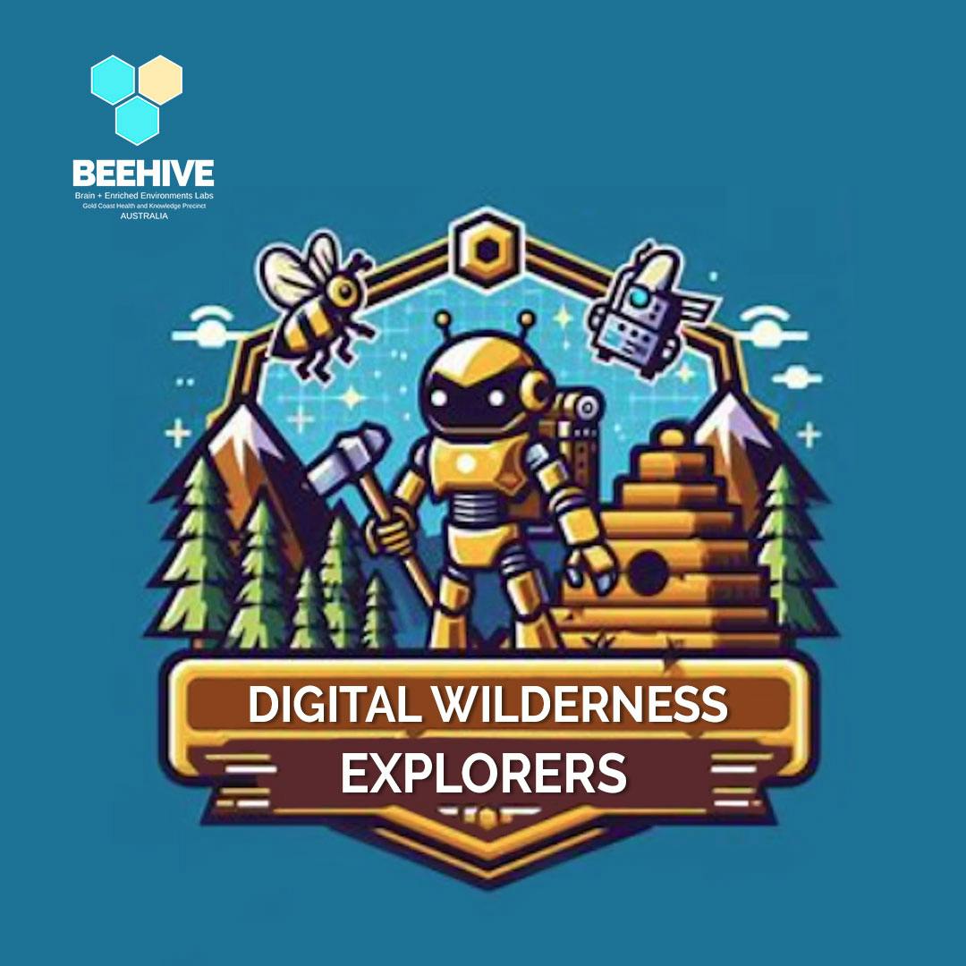 Logo of a cartoon robot explorer standing next to a Bee hive and facing trees and mountains.