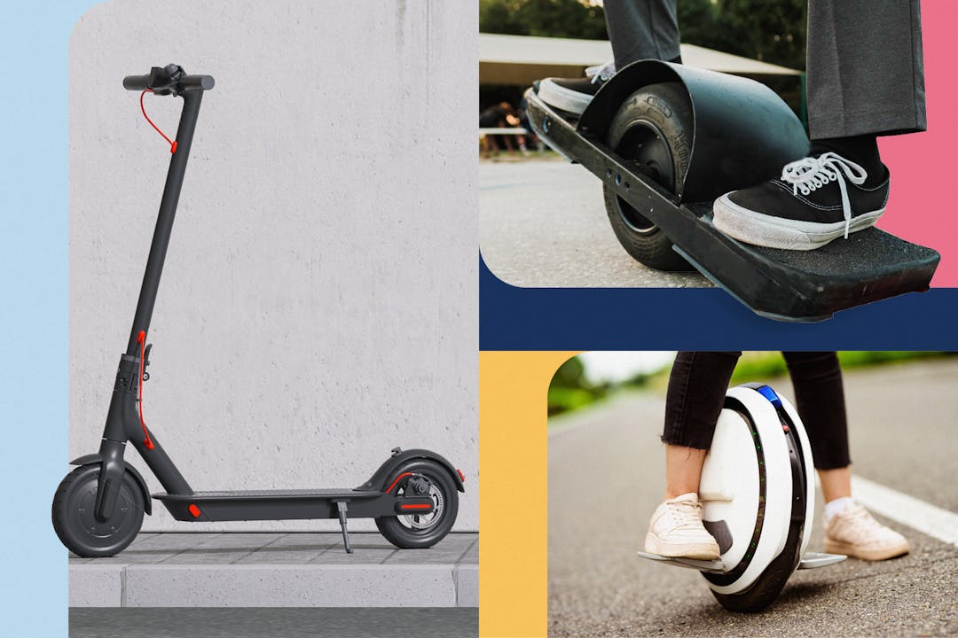 photos of e-scooter, single-wheel self-balancing device and an e-skateboard