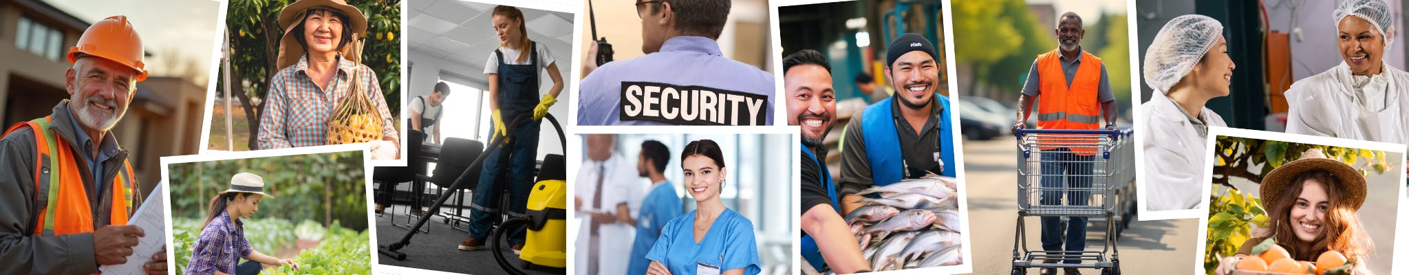 A collage of workers in different fields - eg building, farming, cleaning, security, healthcare, and trolley collecting