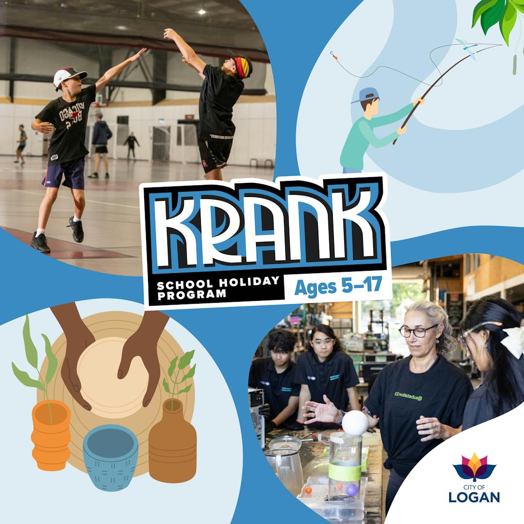 Krank logo - someone works on a colourful mural; someone paddle boarding; cart racing and locals play guitar and the ukulele