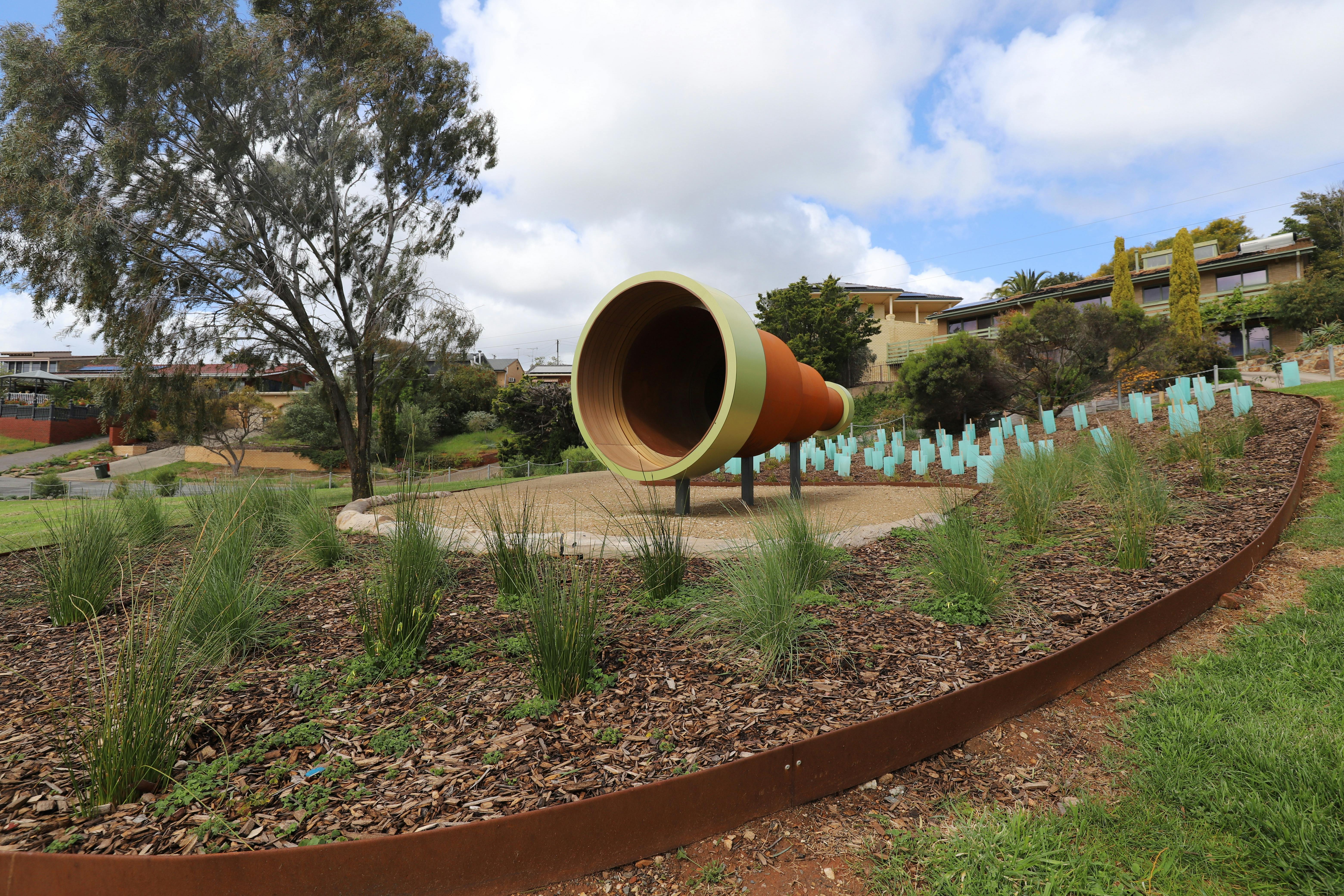As Far As the Eye Can See (The Big telescope) by Monica Prichard and Glen Duncan, 2023, Vista St Reserve, Seacombe Heights, Commissioned by City of Marion