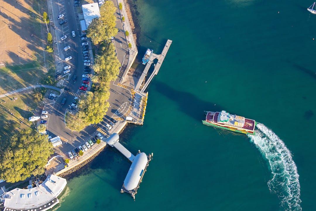 Overhead picture of ferry pulling into wharf