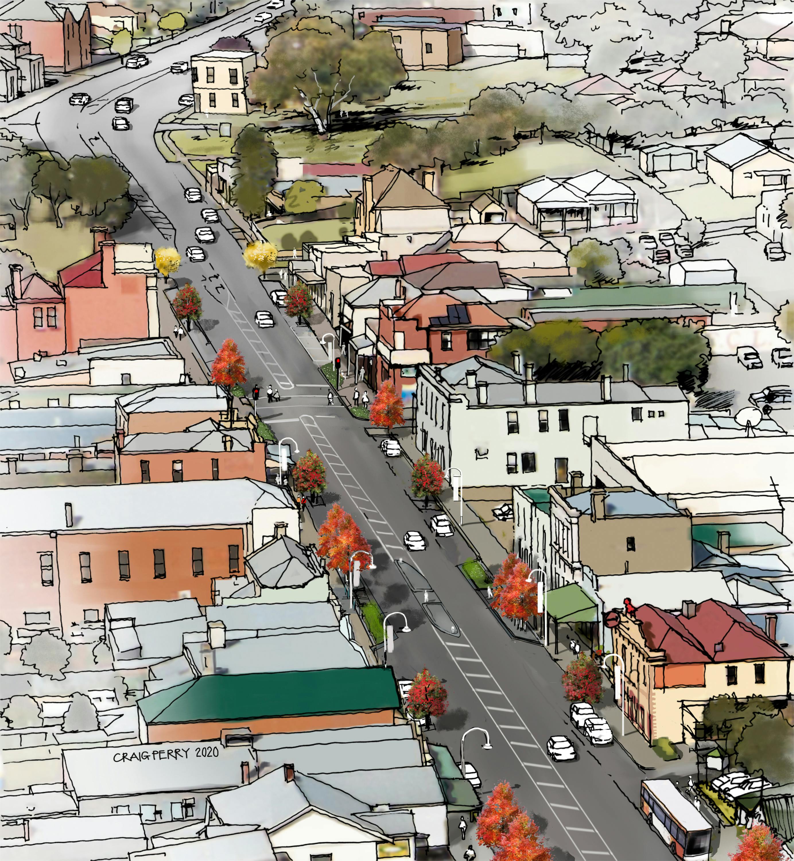 Aerial view of Sydney Street looking south with street trees and pedestrian refuges shown