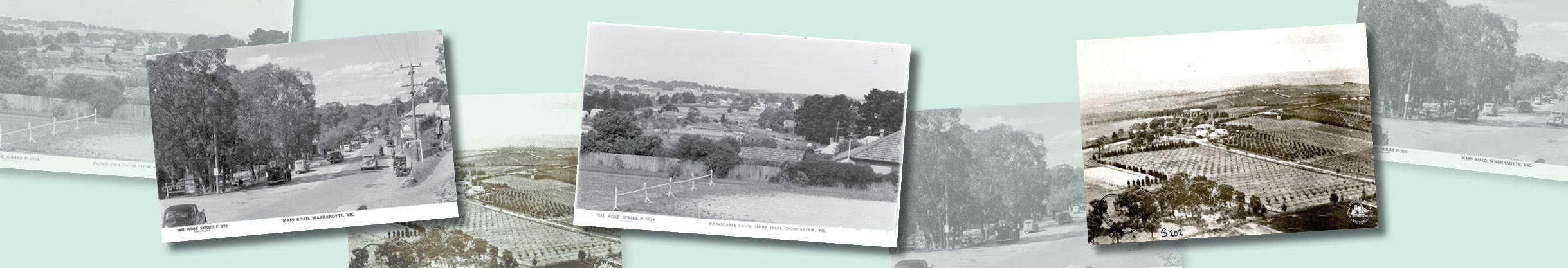Vintage photos of landscapes of Manningham orchards, farm land and streetscapes